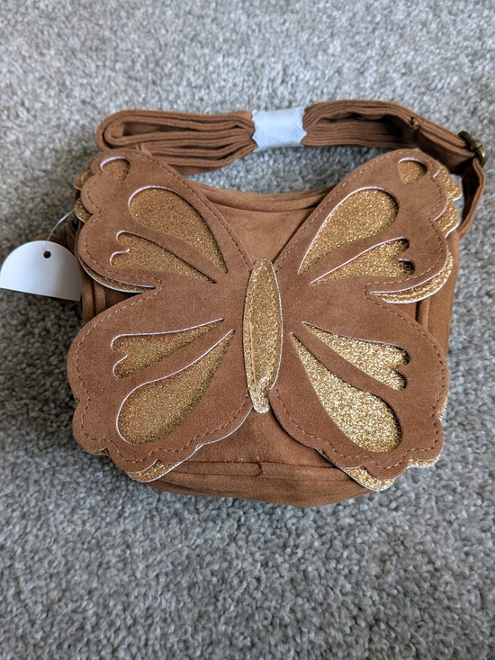 Handbags - Butterfly Accent Brown Crossbody Bag with Gold Glitter